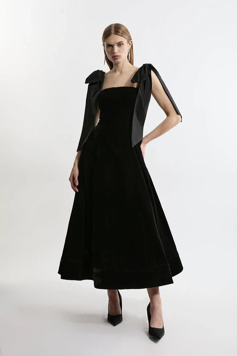 Velvet Strapless Bow Midi-Length Dress