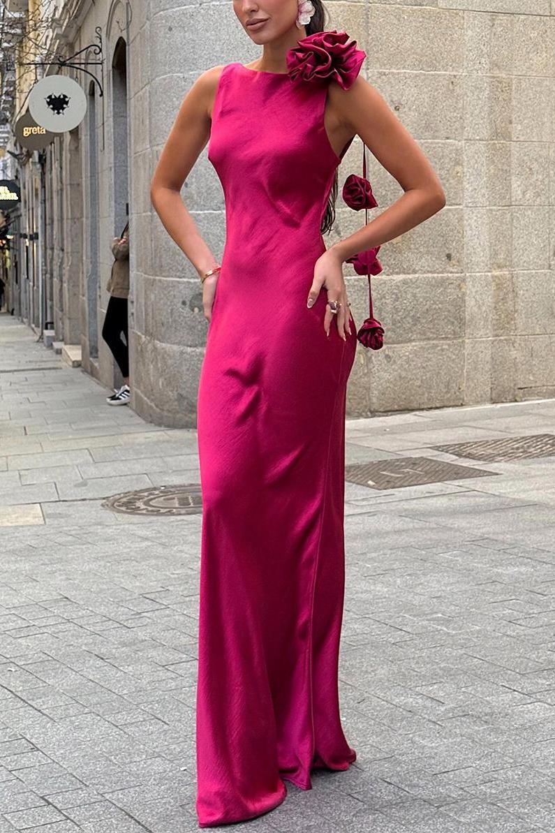 Formentera Flower Satin Ribbon Maxi-Length Dress