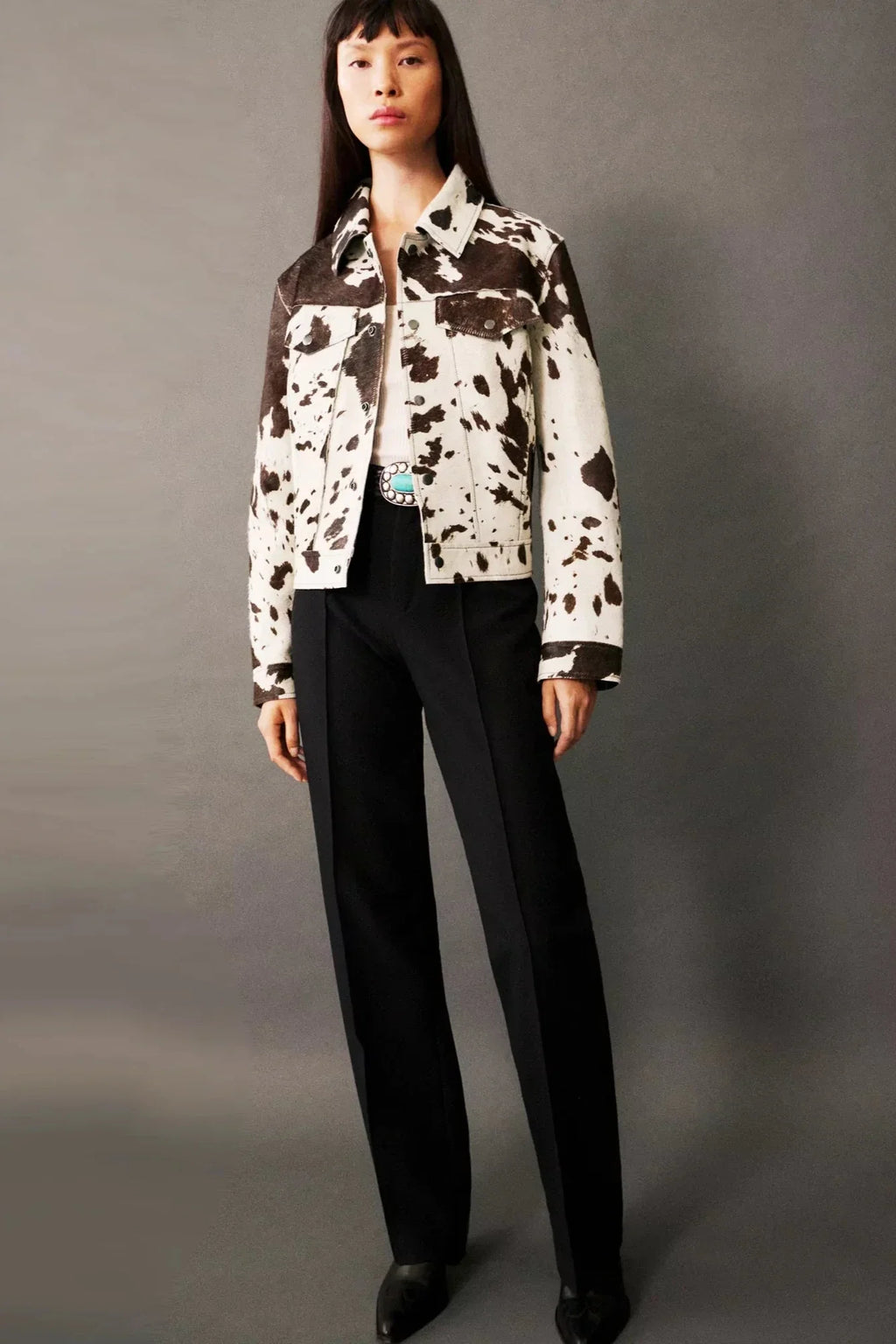 Modern Cow Print Faux Fur Shirt-Style Jacket