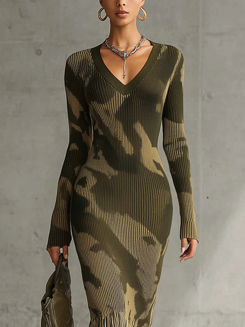 Olive Camo Knit V-Neck Fringe Hem Midi-Length Dress