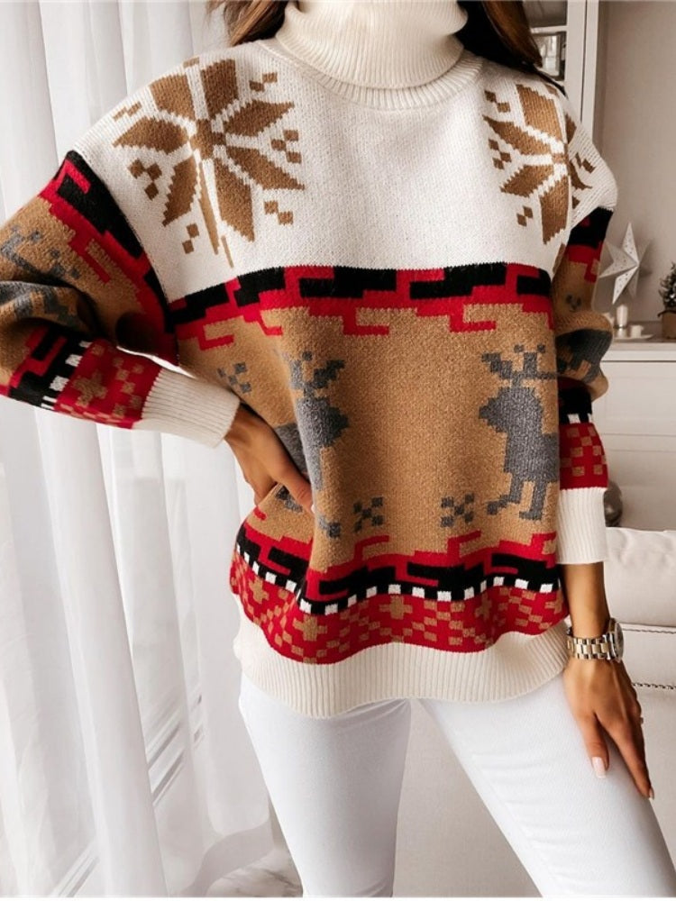 Modern Knit Pullover with Embroidered Reindeer and Snowflake Design