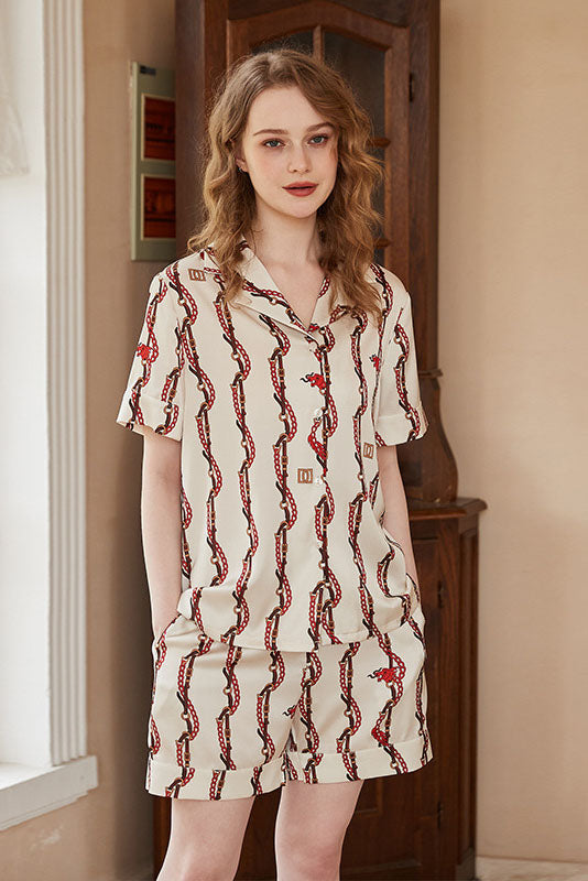 Coordinated Dragon Head Chain Print Short-Sleeve Loungewear Set