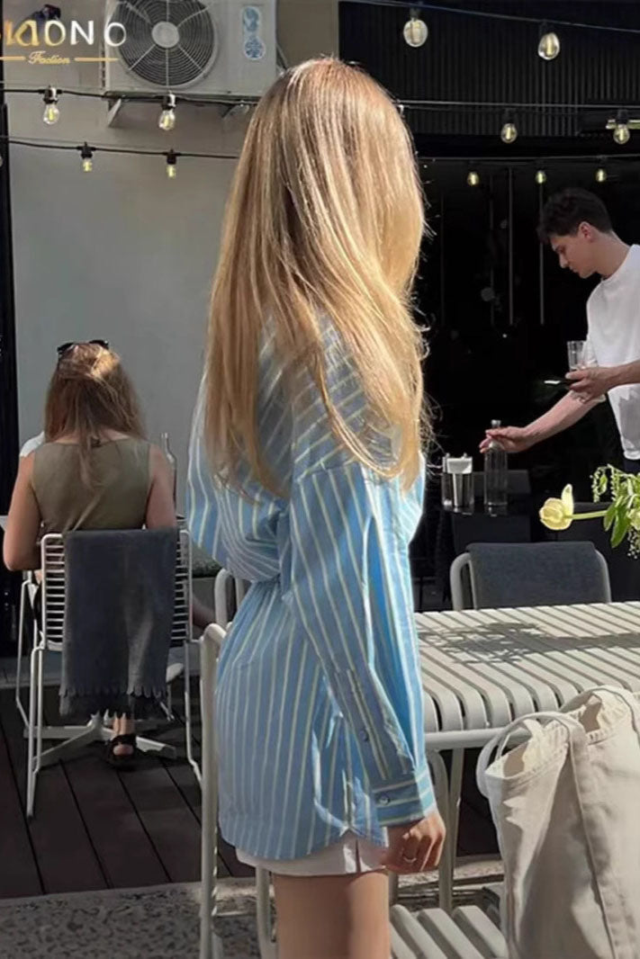 Coordinated Blue Relaxed Striped Shirt Shorts Set
