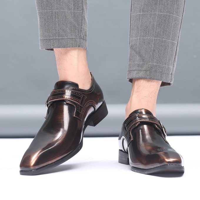 Burnished Leather Monk Strap Shoes with Buckle Strap
