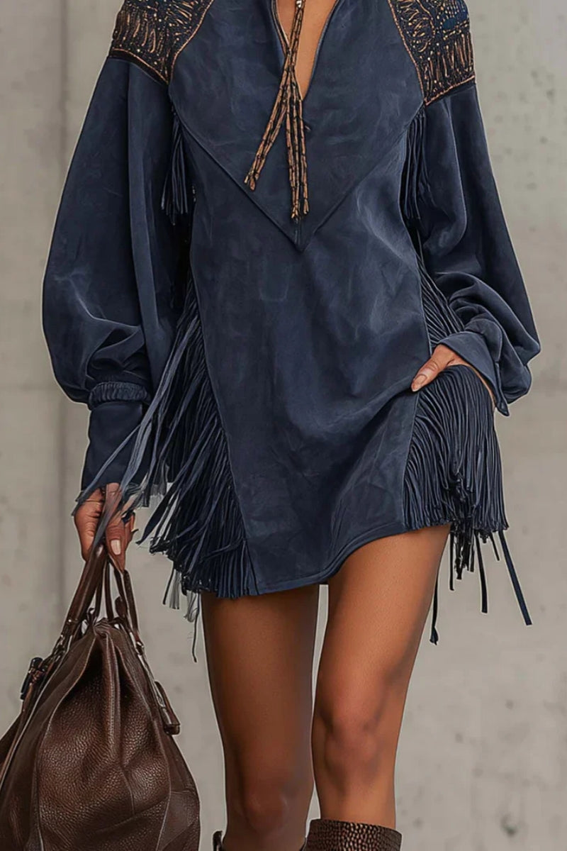 Indigo Faux Suede Embroidered Tassel Mini-Length Dress