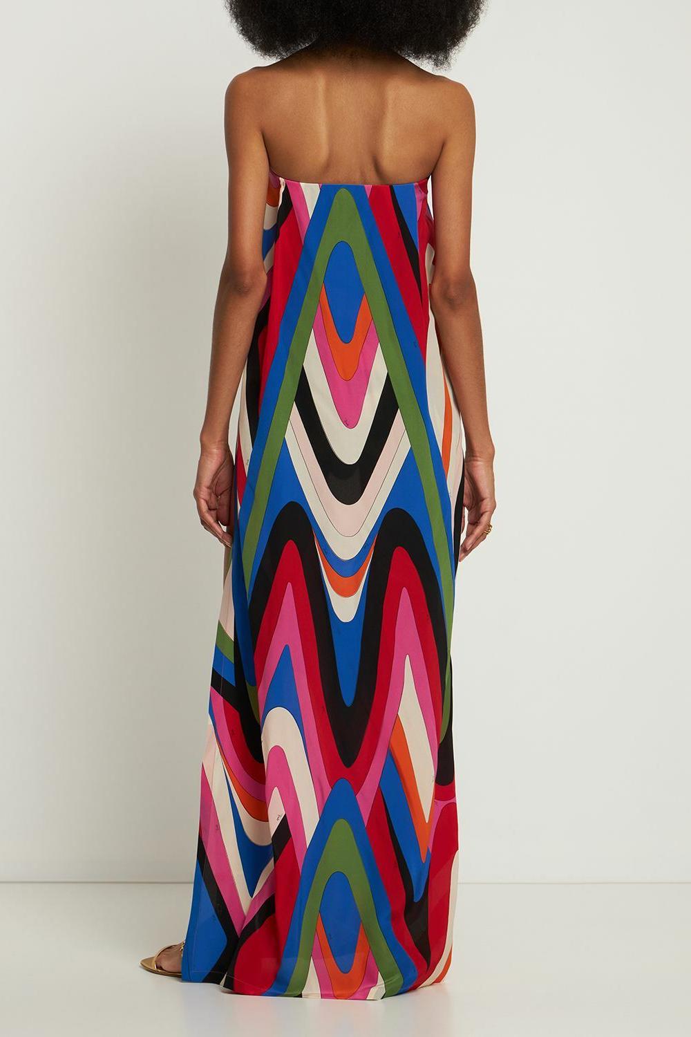 Strapless Side Slit Moire Print Maxi-Length Dress