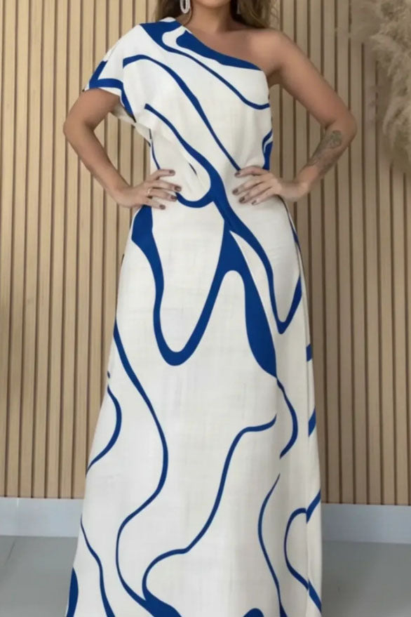 Abstract Wave One-Shoulder Maxi-Length Dress