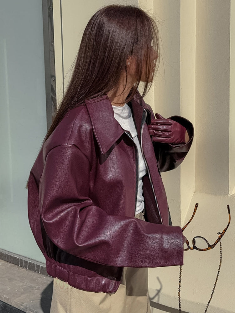 Leather Jacket with Lapel Collar, Zipper and Button Closure