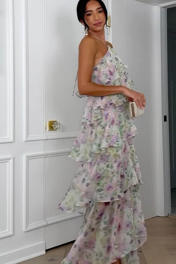 Layered Flower Halter Maxi-Length Dress