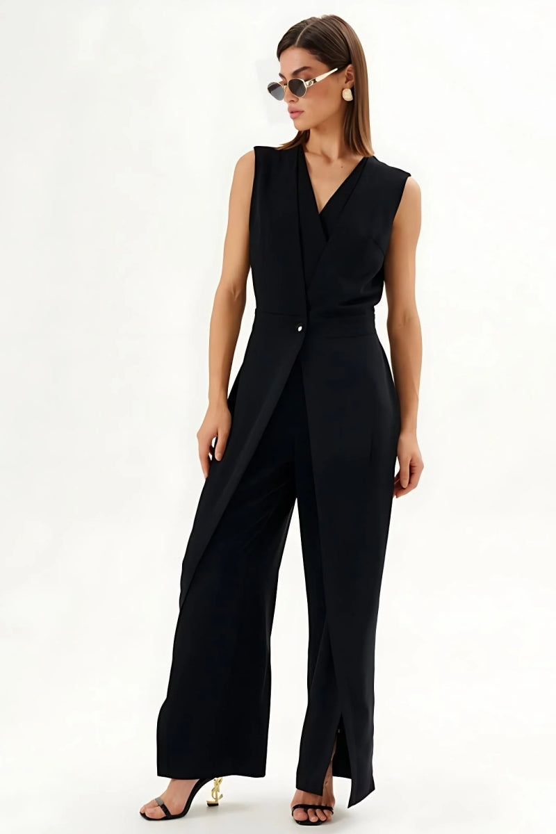 Modern Black Sleeveless Wrap-Effect Wide-Leg Jumpsuit