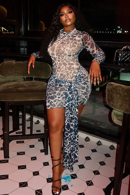 Stylish Blue Leopard Mini-Length Dress
