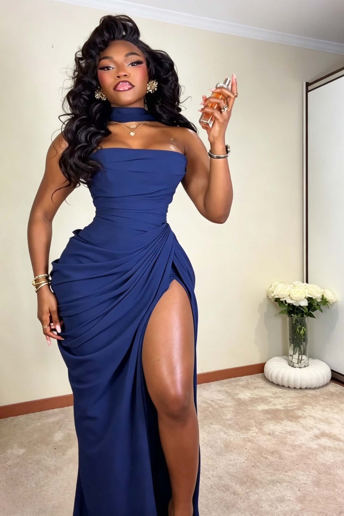 Corset Style Draped Navy Maxi-Length Dress