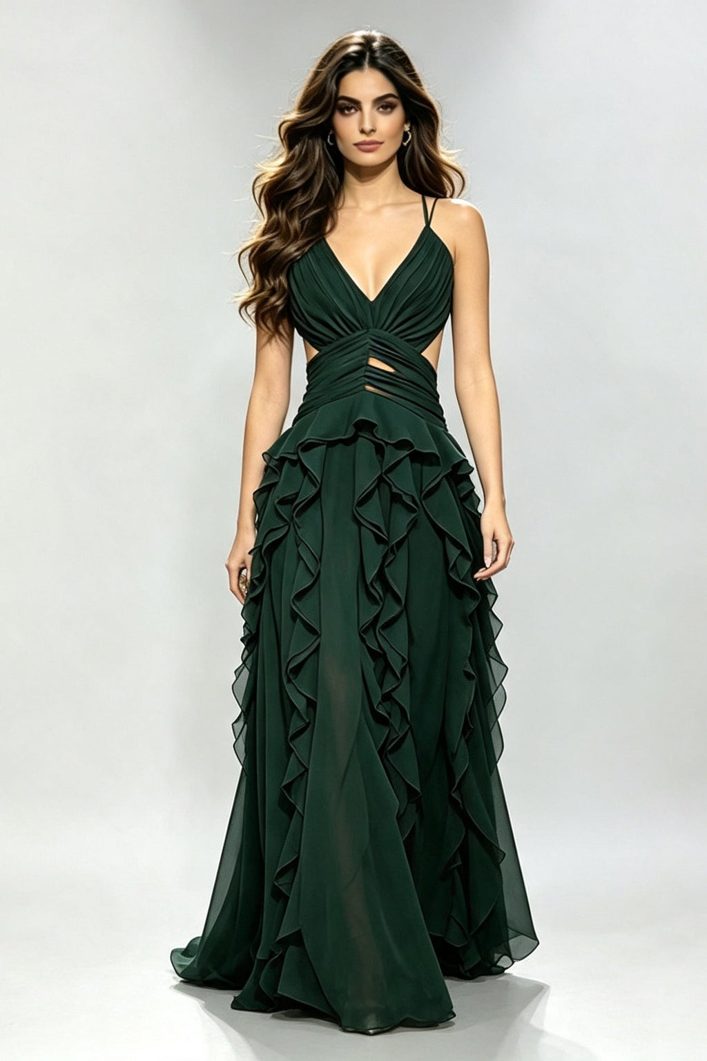 Deep V Cross Tie Open-Back Multi Ruffled Maxi-Length Dress