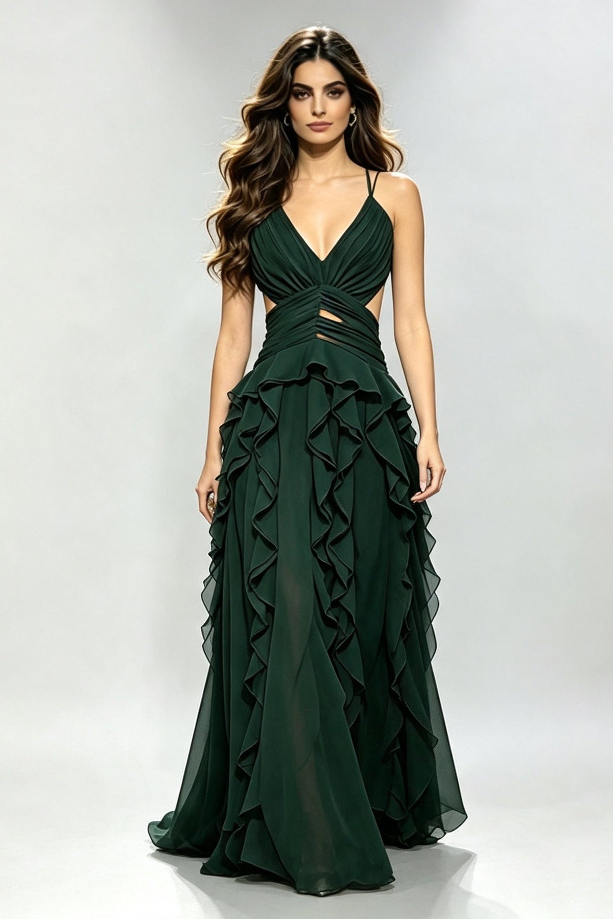 Deep V Cross Tie Open-Back Multi Ruffled Maxi-Length Dress