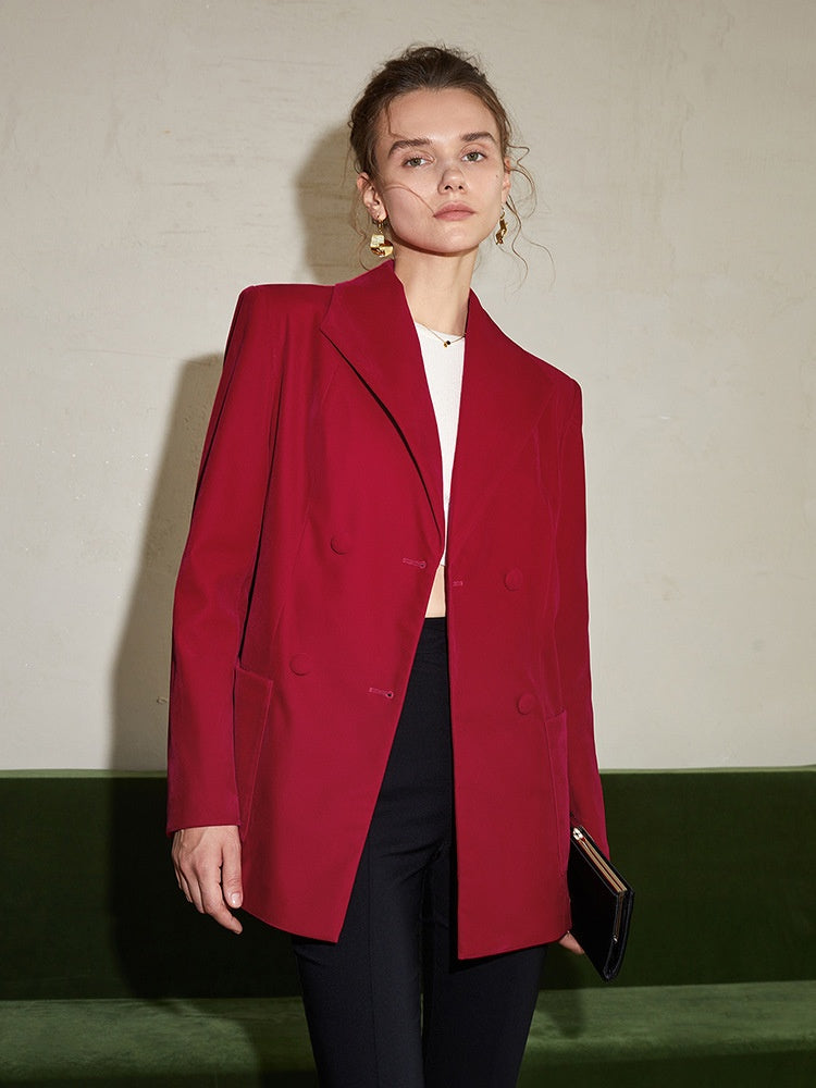 Blazer with Lapel Collar and V-Neck