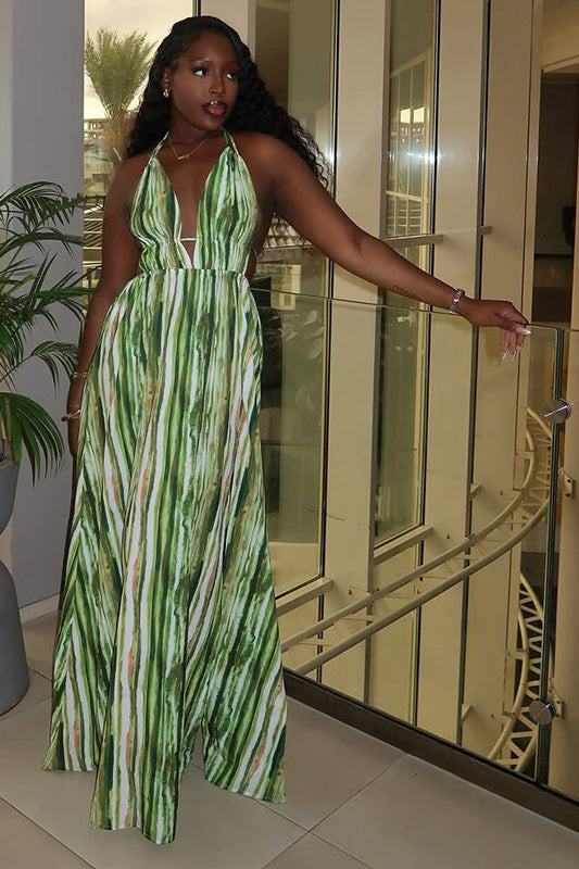 Vacation Stripe Halter A-Line Maxi-Length Dress