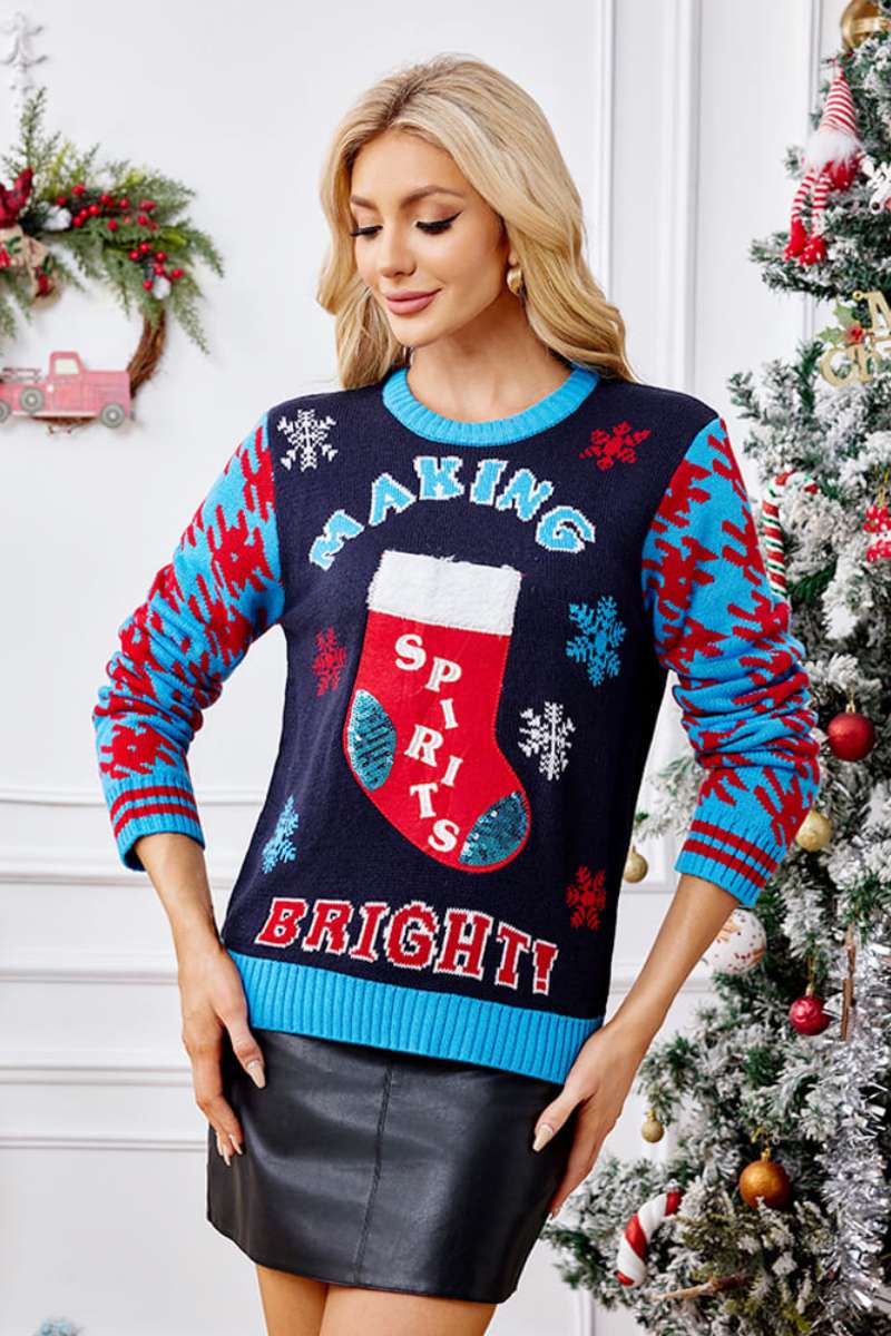 Relaxed Christmas Socks Embroidery Knit Sweater