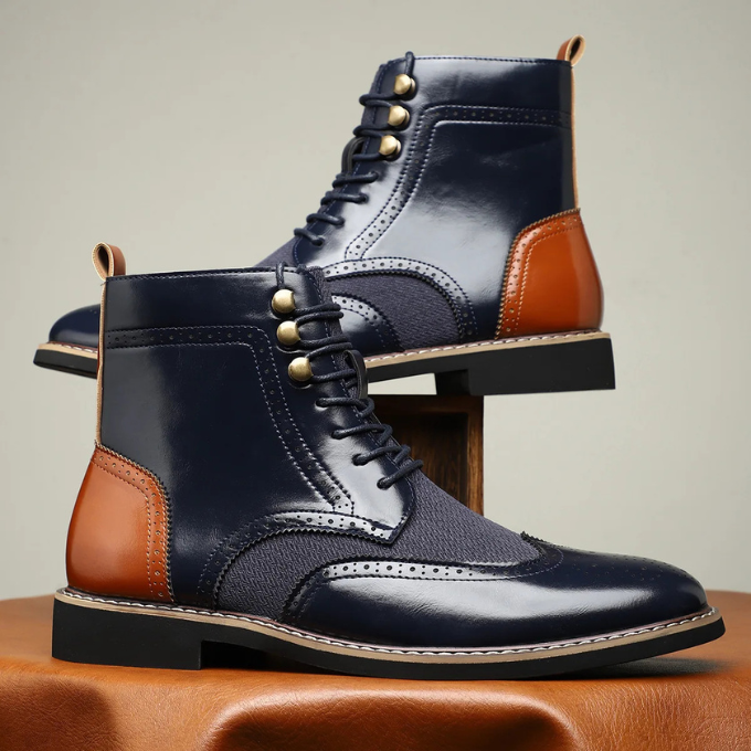 Leather Brogue Boots with Wingtip Brogue Detail