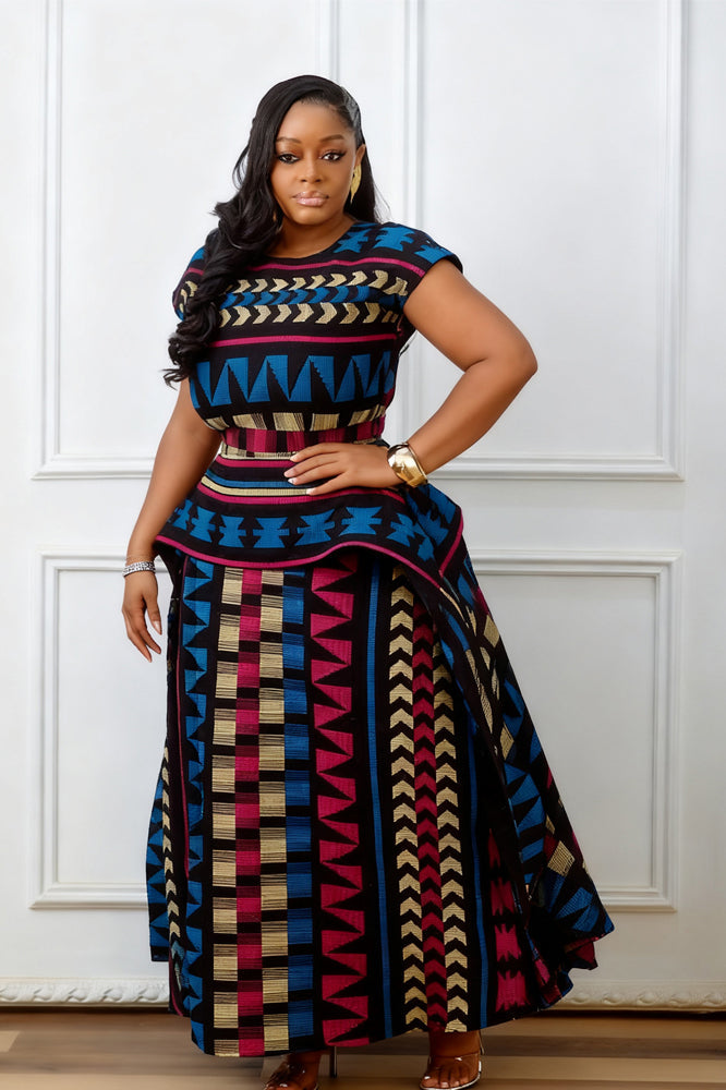 Multicolored African Print Peplum Maxi-Length Dress