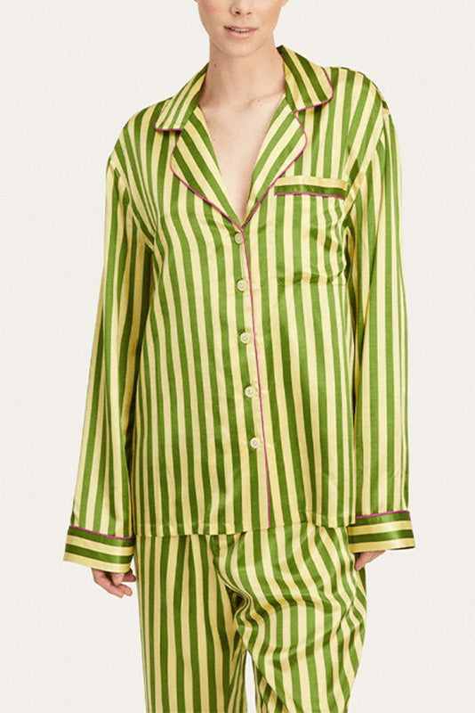 Retro Green Striped Long Sleeve Pajama Set
