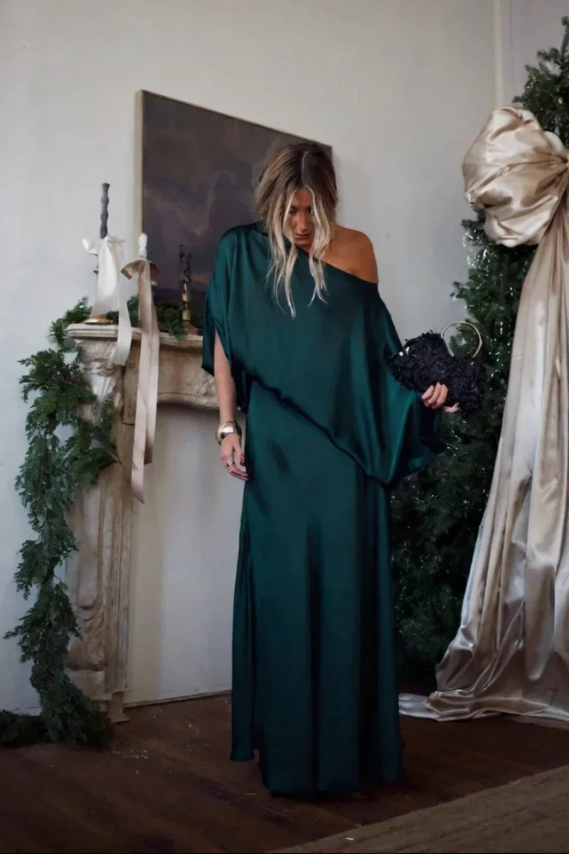 Coordinated Convertible Draped Top & A-Line Maxi Skirt Set