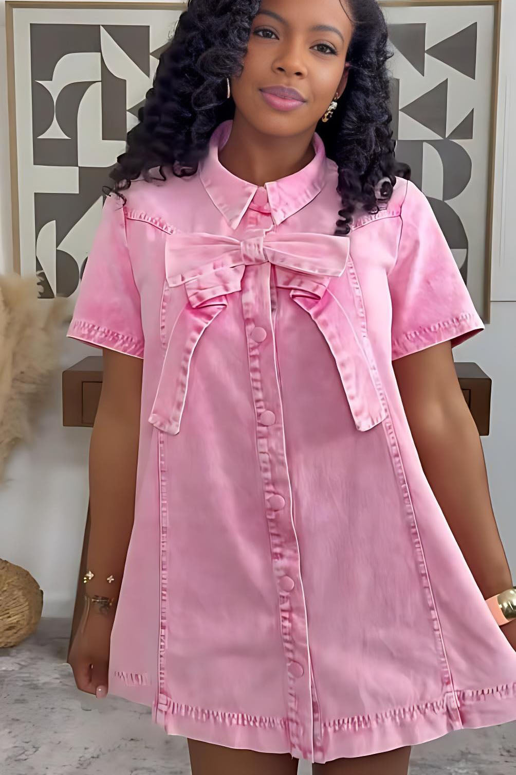 Sweet Relaxed Denim Vibe Mini-Length Dress