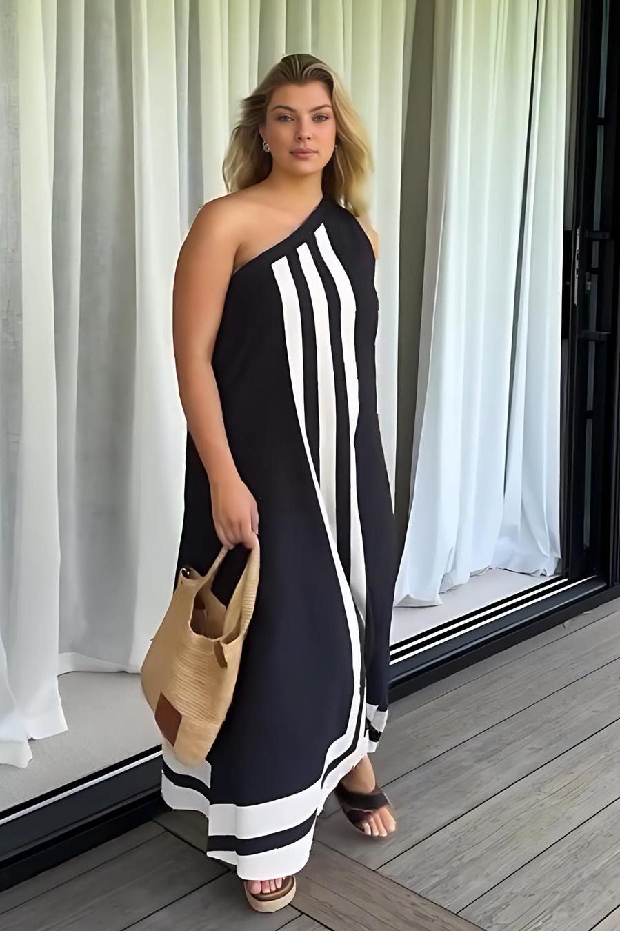 Asymmetrical Neckline Midi-Length Dress