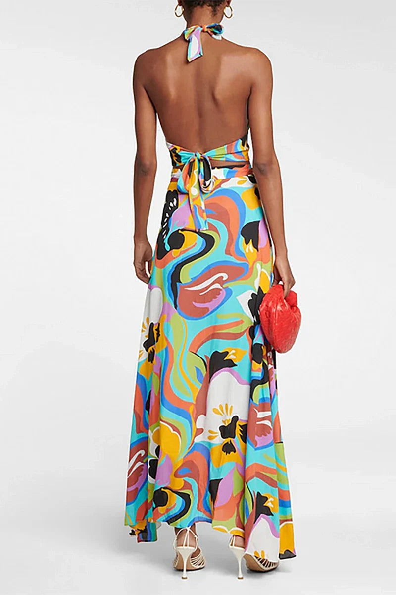 Deep V Halter Neck Print Sexy Swimwear Set