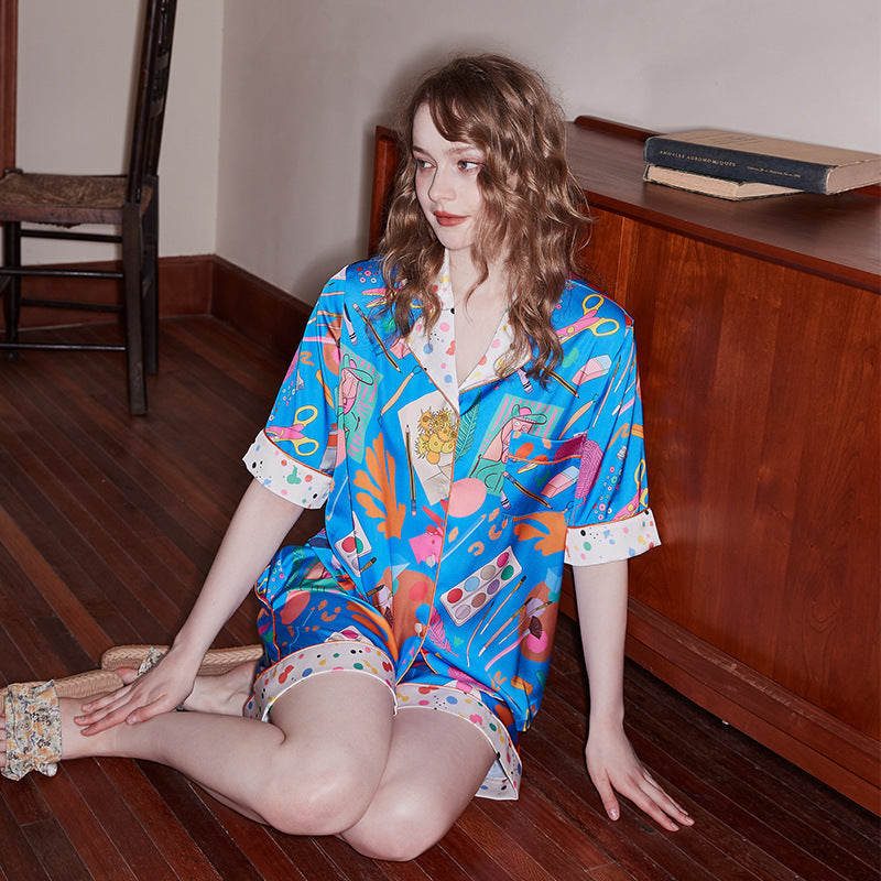 Stationery Print Relaxed Short-Sleeve Loungewear Set - Blue