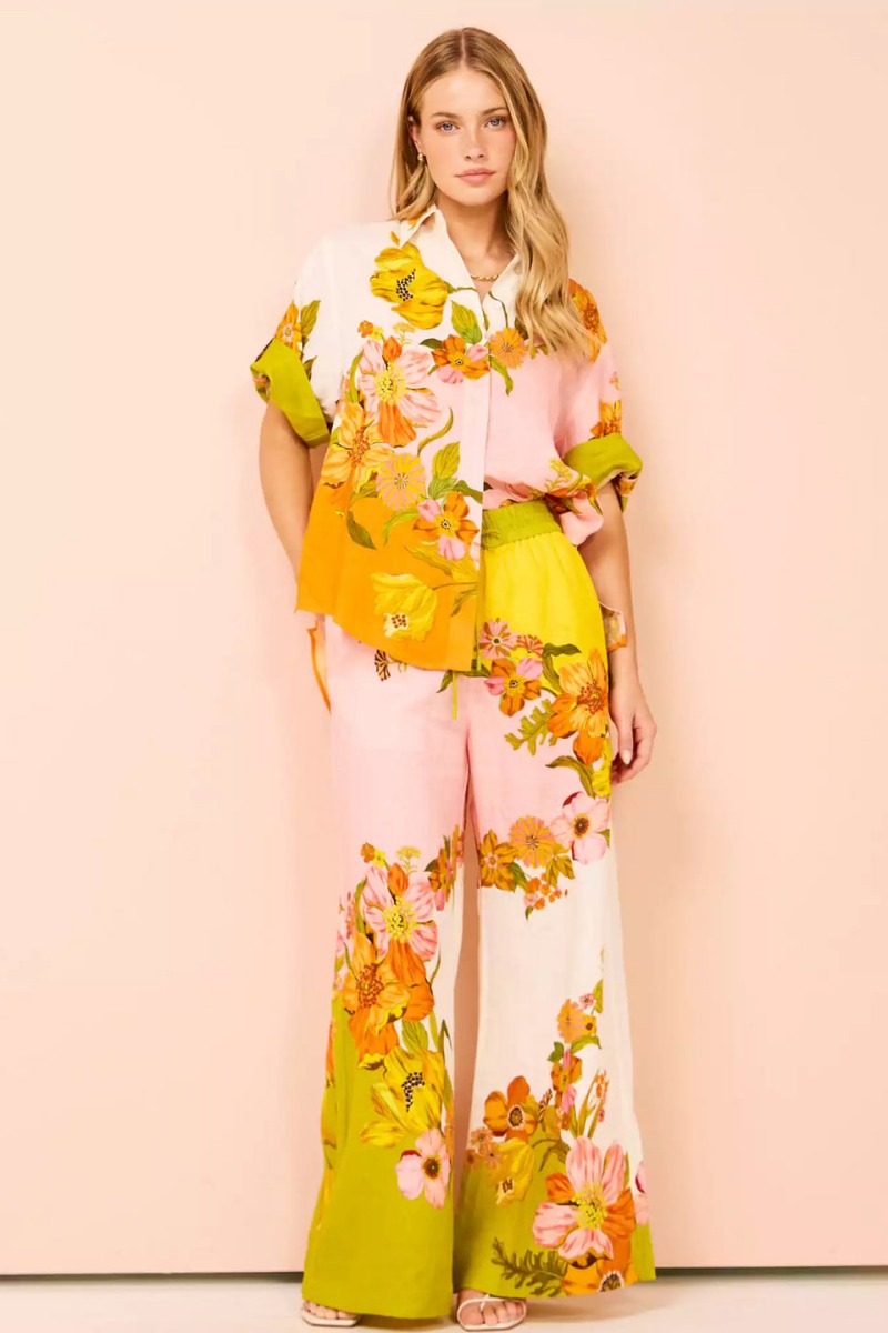 Distinctive Print Elastic Waist Pocketed Wide-Leg Trousers-Set