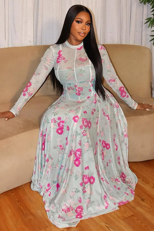 Spring Garden Print A-Line Maxi-Length Dress