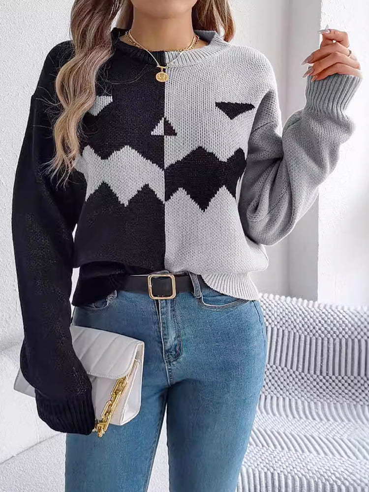 Ghost Pattern Long Sleeve Crew Neck Knit Sweater