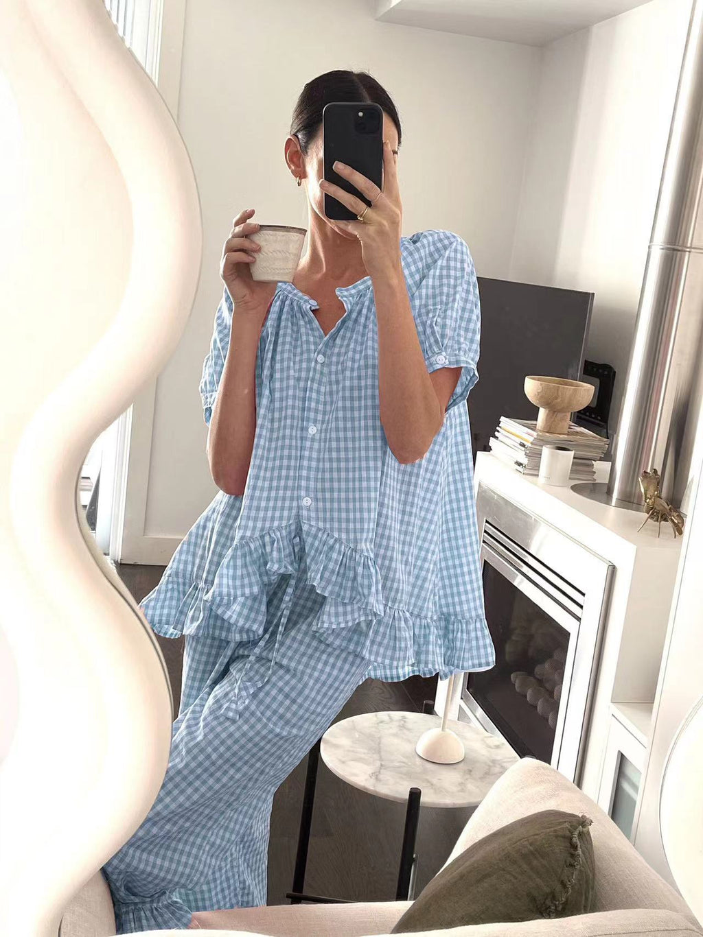 Relaxed Ruffled Plaid Print Shirt Pajama Set
