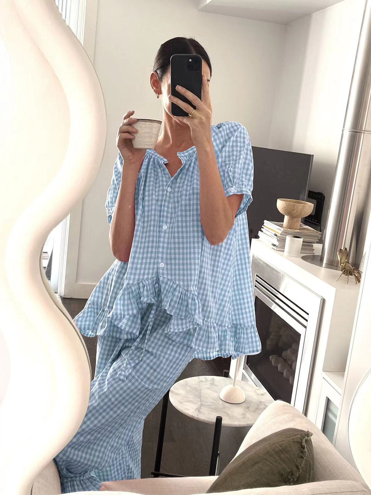 Relaxed Ruffled Plaid Print Shirt Pajama Set
