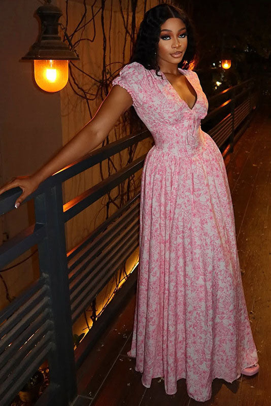 Retro Flower Print Puff Sleeve Gown