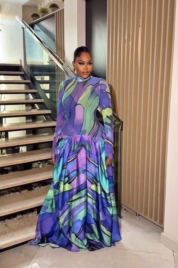 Blue Art-Paint Inspired Maxi-Length Dress