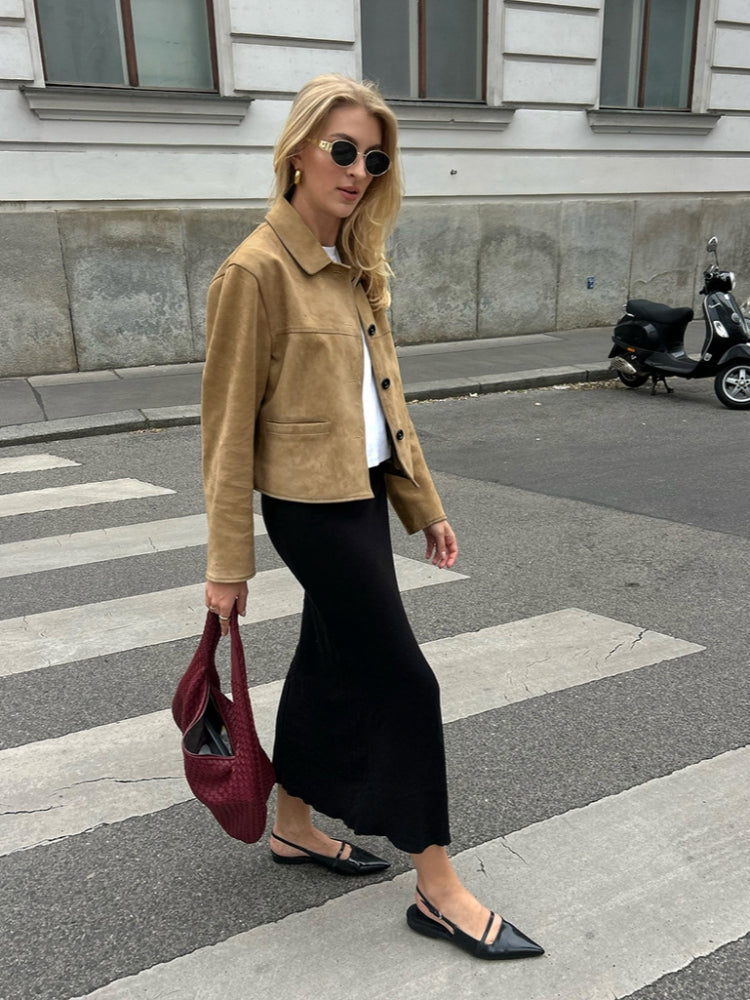 Cropped, Fitted Suede Jacket with Lapel Collar