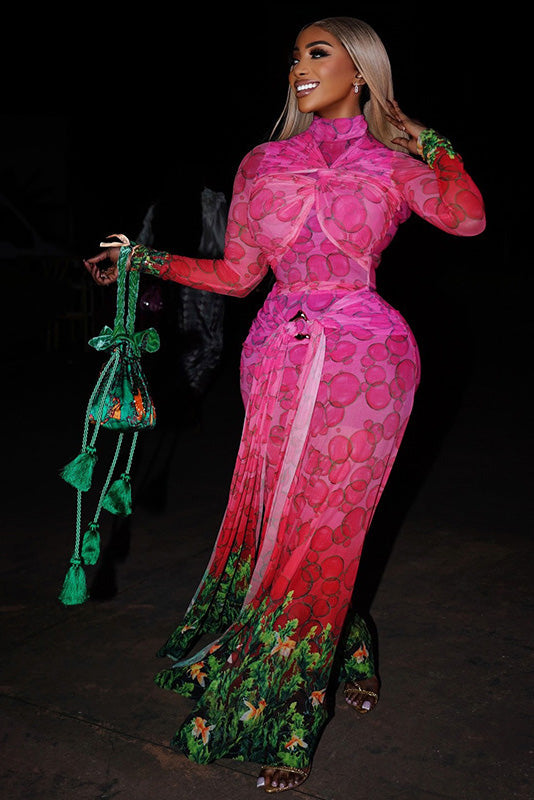 African Bubble Print Sheer Maxi-Length Dress