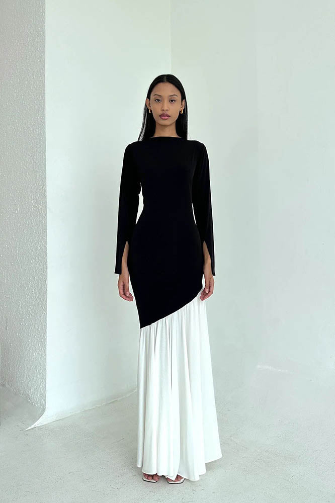 Fashionable Colorblock Waist-Cinching Fitted Midi-Length Dress