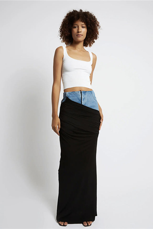 Modern Black Ruched Denim Skirt