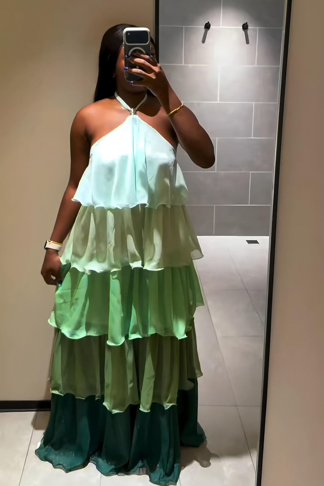 Ombre Tiered Halter Maxi-Length Dress
