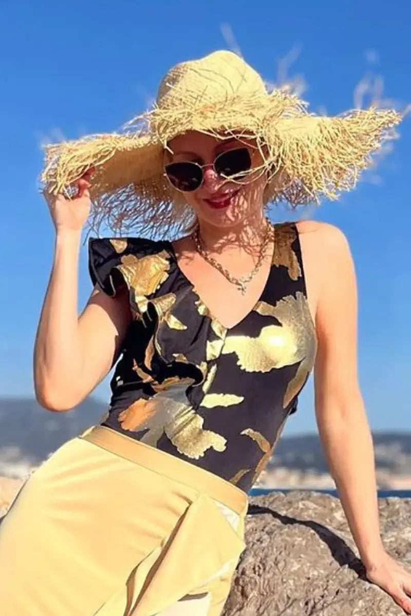 Foil Print Deep V Ruffled One Piece Swimsuit