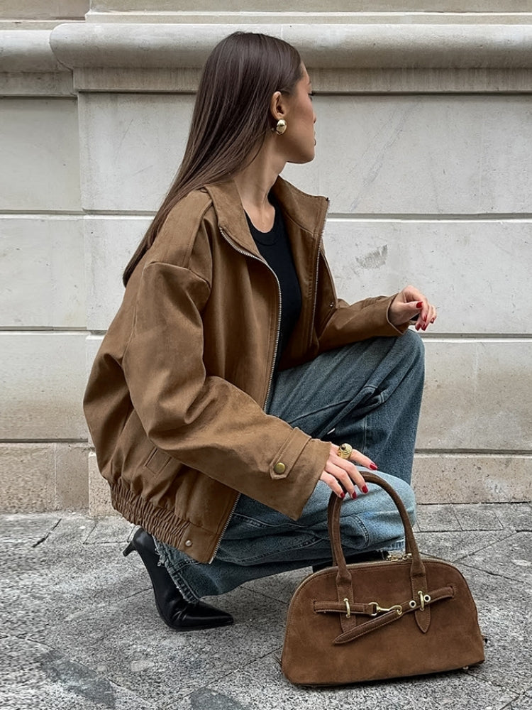 Suede Shirt Jacket with Lapel Collar