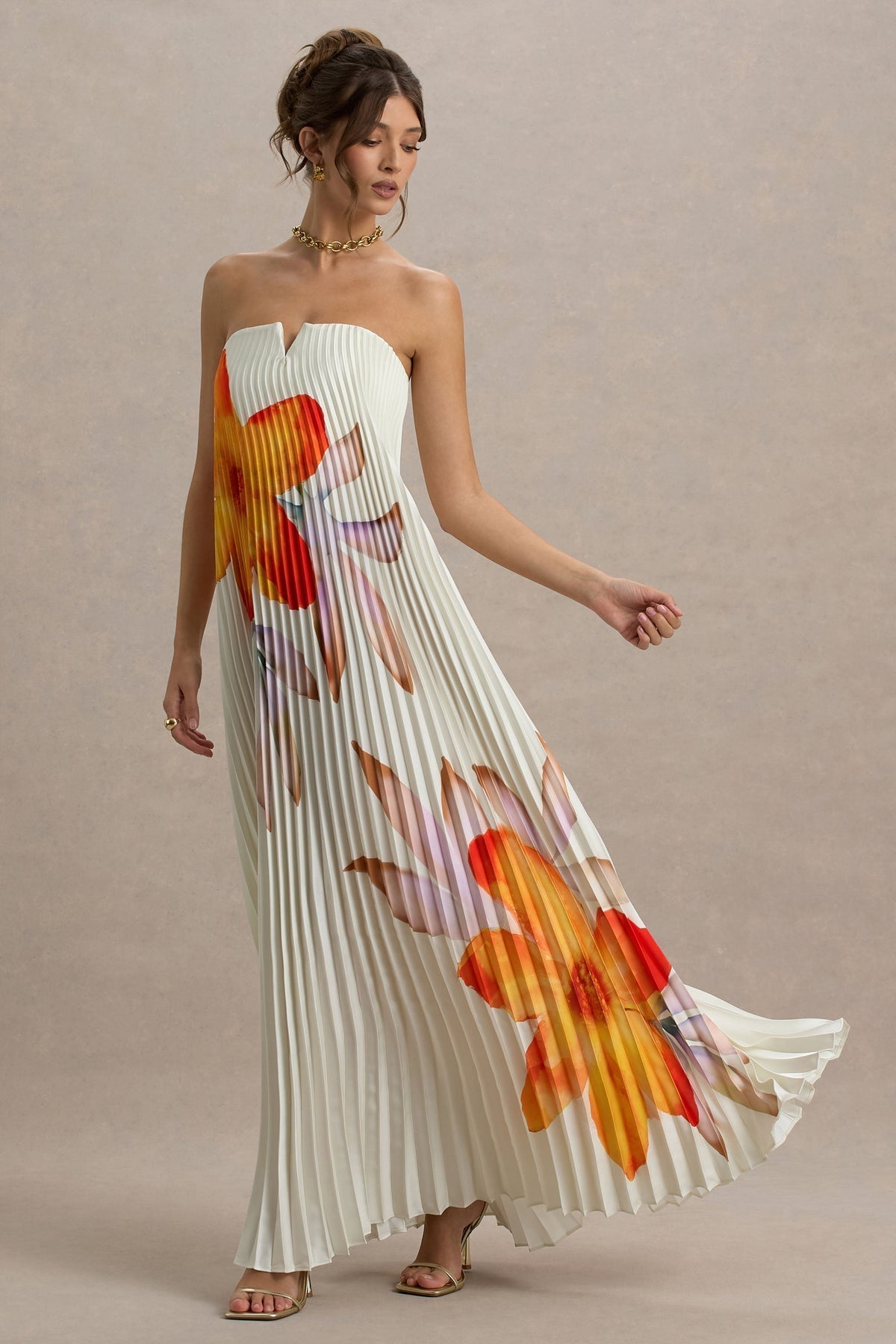 Orange Flower Sweetheart Maxi-Length Dress