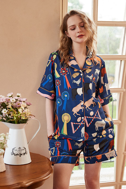 Coordinated Cute Cartoon Animal Print Short Loungewear Set