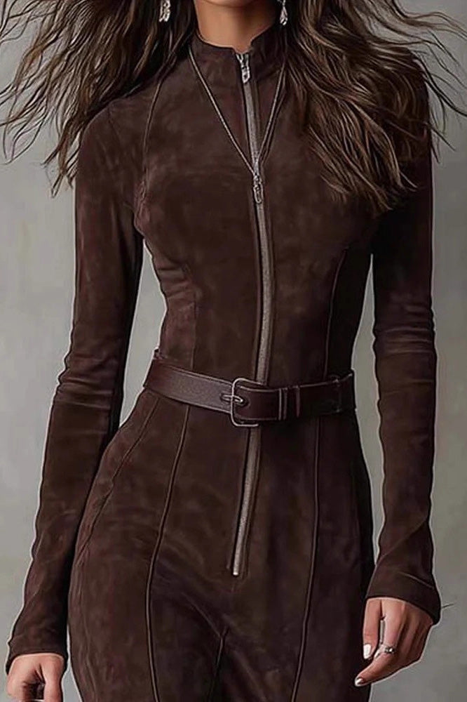 Refined Dark Brown Suede Drawstring Irregular Midi-Length Dress