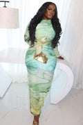 Psychedelic Mint Long Sleeve Slit Maxi-Length Dress