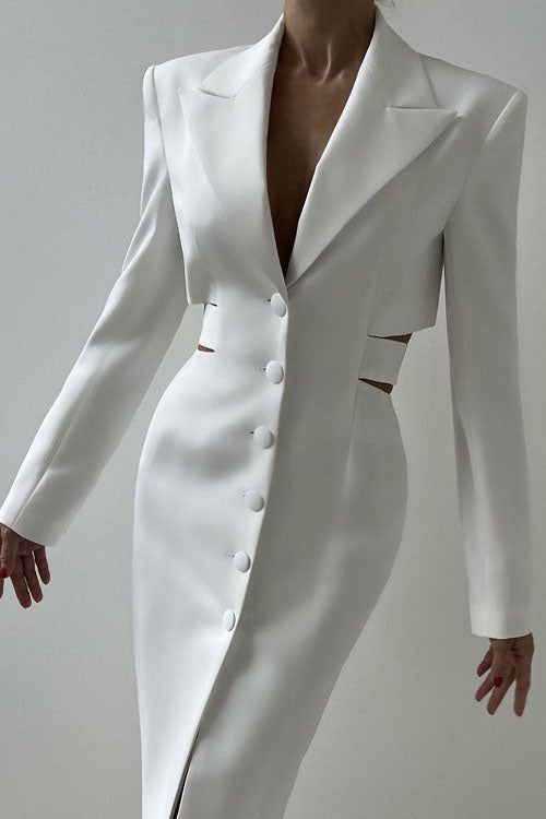 Statement Deep V Metal-Detail Blazer Midi-Length Dress