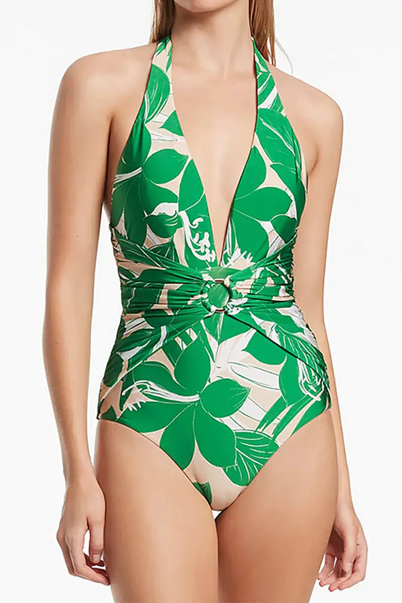 Green Halter Deep V One-Piece Swimwear Set