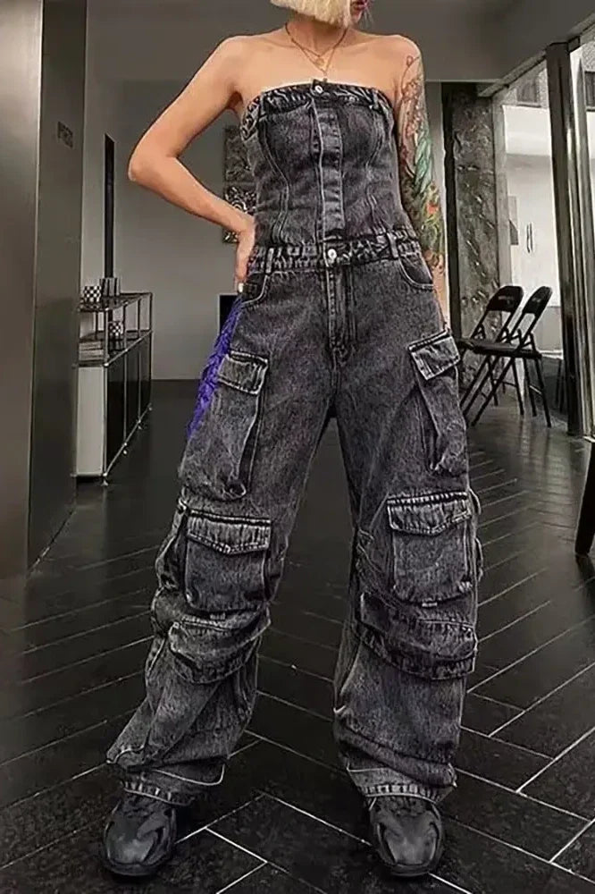 Modern Street Style Strapless Denim Jumpsuit